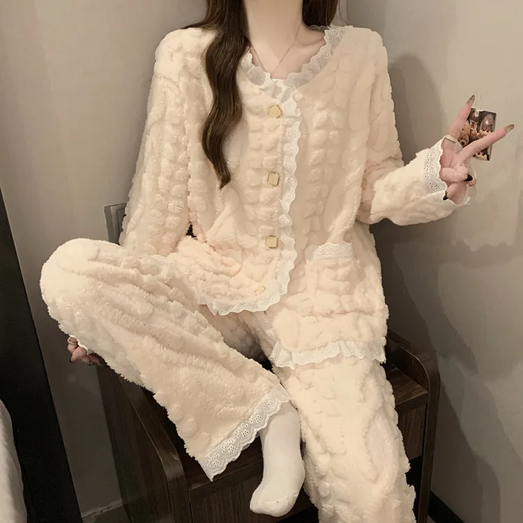 法兰绒开衫睡衣套装女生秋冬季2025新款甜美花边杏色长毛绒家居服