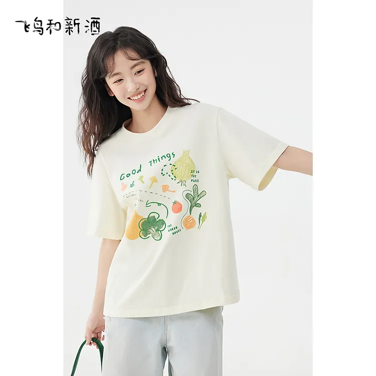 飞鸟和新酒圆领印花T恤女2025夏新款百搭宽松小衫FD430091052