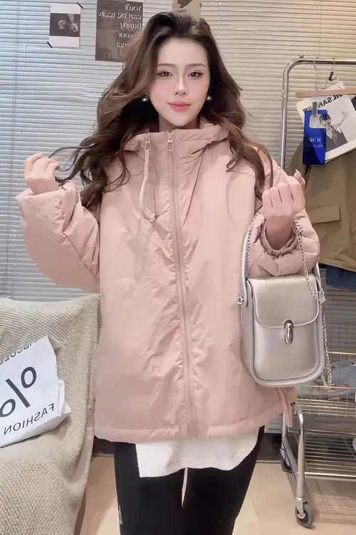 韩版连帽夹棉棉衣外套女秋冬宽松休闲百搭短款拉链冲锋衣保暖棉服