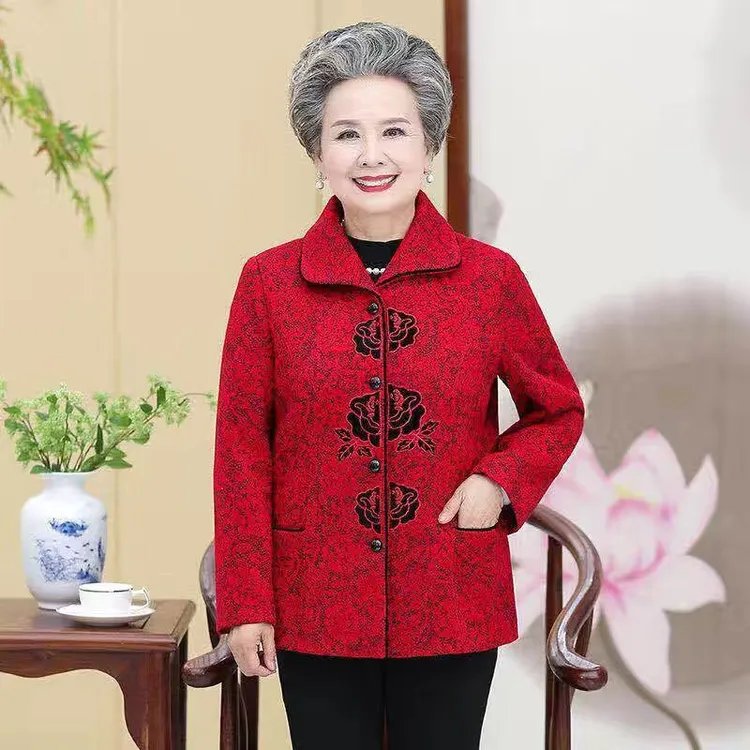 60岁以上新款中老年女装外套妈妈装春秋款翻领刺绣大码老太太衣服