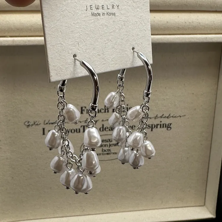 铜合金仿珍珠耳饰 手工前后带U水滴流苏耳环气质轻奢小众长款S142