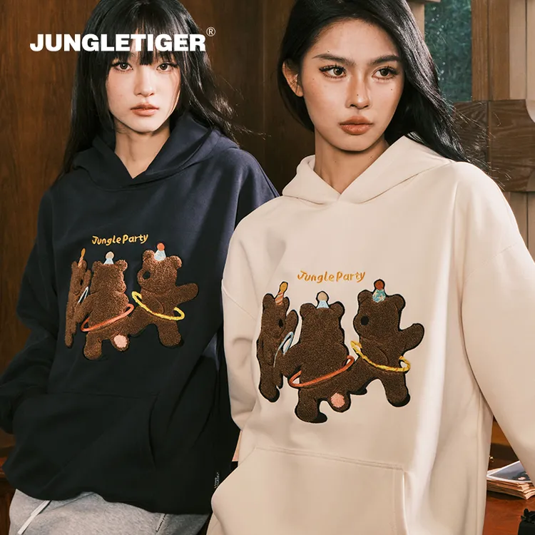丛林老虎新款三只小熊毛巾绣连帽卫衣男女美式潮牌情侣装华棉帽衫