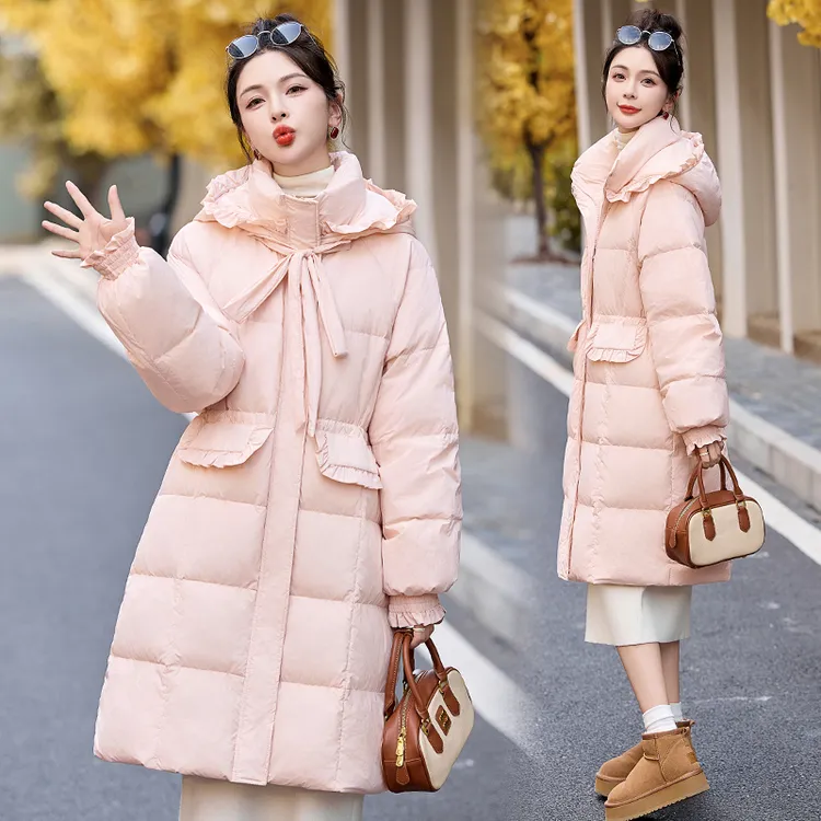 羽绒服女中长款2024新款冬季小个子韩系甜美收腰加厚保暖连帽外套