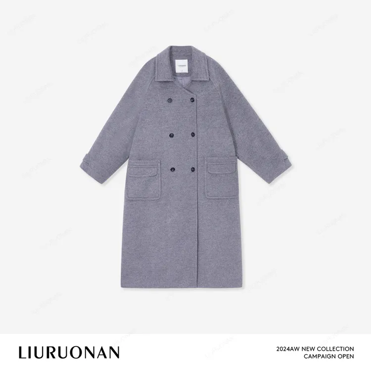 LIURUONAN 24AW 【翻领灰色大衣】插肩袖翻领灰色中长款毛呢外套女