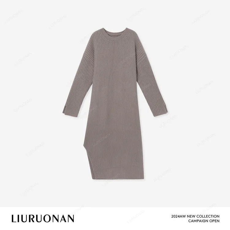 LIURUONAN 24AW【大毛衣连衣裙】青胡椒圆领坑条毛针织衫显瘦连衣裙