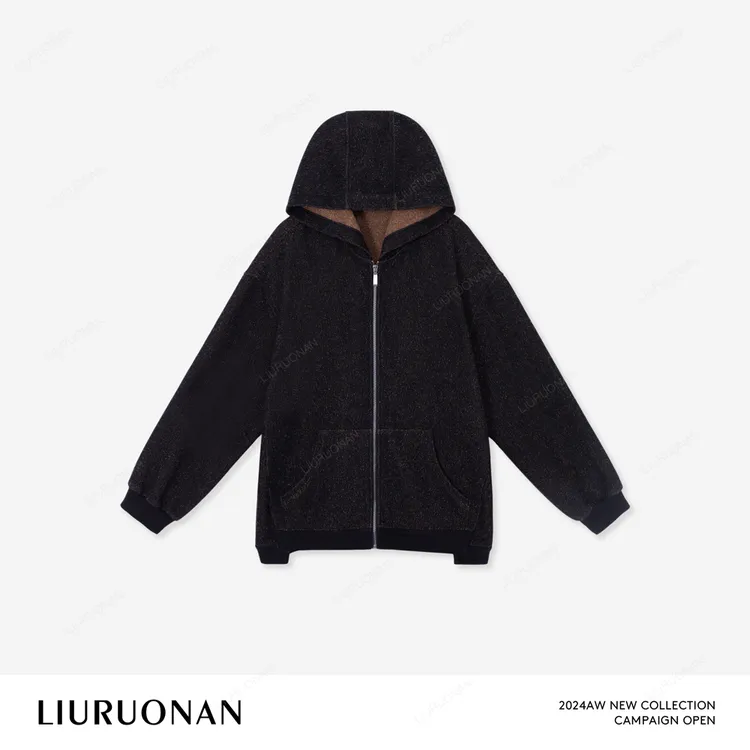 LIURUONAN 24AW【沙粒牛仔卫衣】拉链开衫连帽加绒保暖短外套女