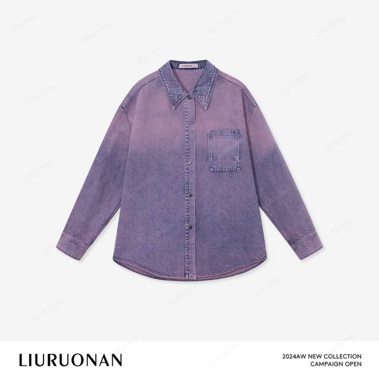 LIURUONAN 25SS 粉紫渐变牛仔衬衫女氛围感长袖翻领衬衣