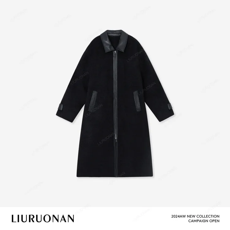 LIURUONAN 24AW【皮领呢大衣】双拉链中长款毛呢外套秋冬黑保暖大衣