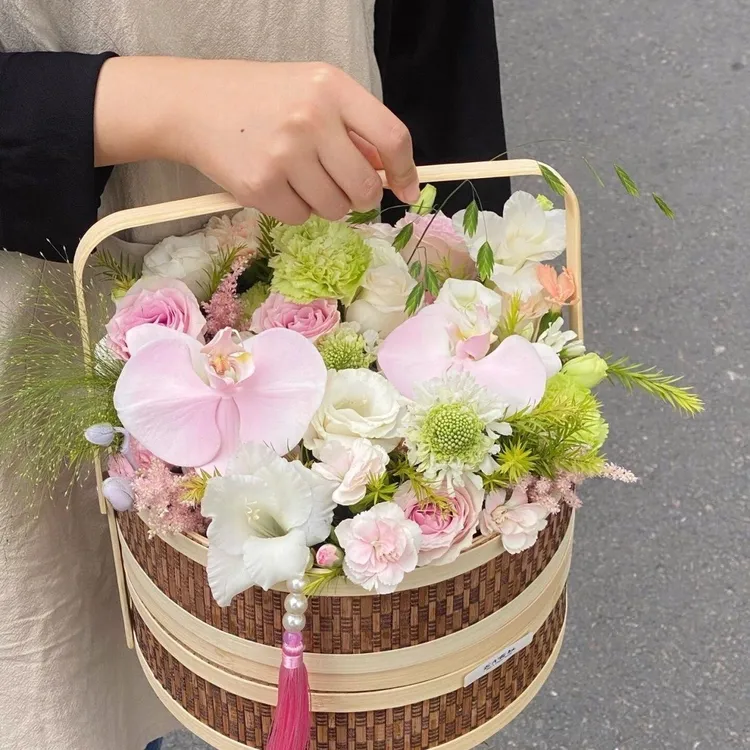 竹编圆形两层鲜花花篮提篮干果粽子篮月饼盒礼盒竹篮子竹礼品盒