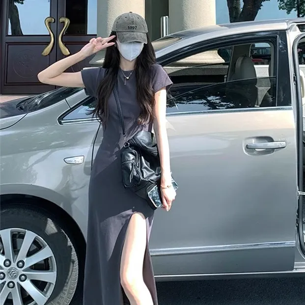 短袖开旗连衣裙女夏收腰气质高级感辣妹修身显瘦过膝灰色紧身长裙
