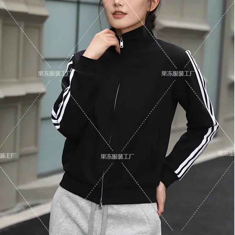 双拉链三道杠外套加绒加厚复古美式短款卫衣修身显瘦立领春秋上衣