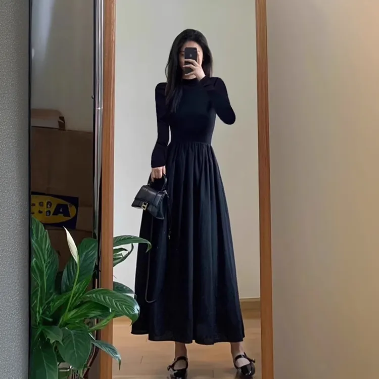 半高领黑色赫本风女春秋气质收腰显瘦打底长裙显瘦修身内搭连衣裙