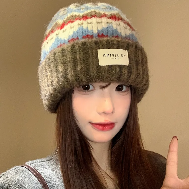 复古费尔岛针织毛线帽女秋冬季保暖百搭护耳帽子宽松显脸小包头帽