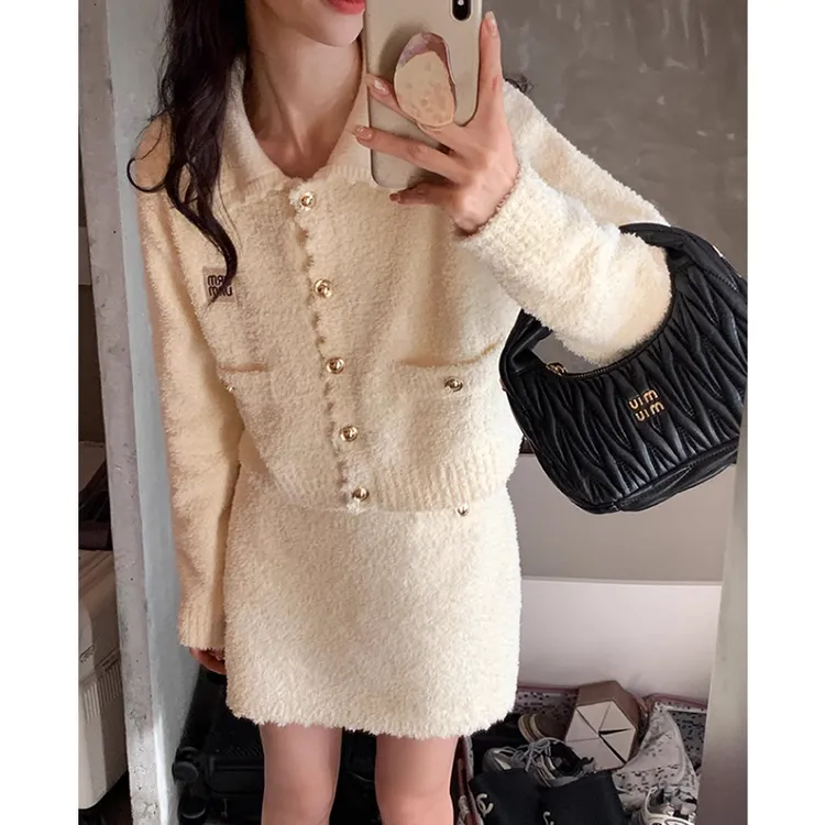 时尚套装女秋冬法式小香风翻领短款开衫高腰显瘦半身短裙子两件套