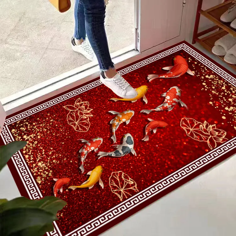 红色九鱼图水晶绒地垫入户吸水门垫、
