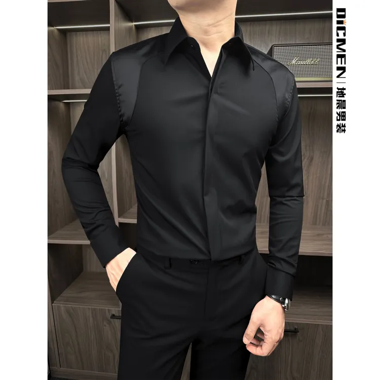 拼色大尖领长袖衬衫男款2025新款秋季设计感休闲显瘦修身商务衬衣