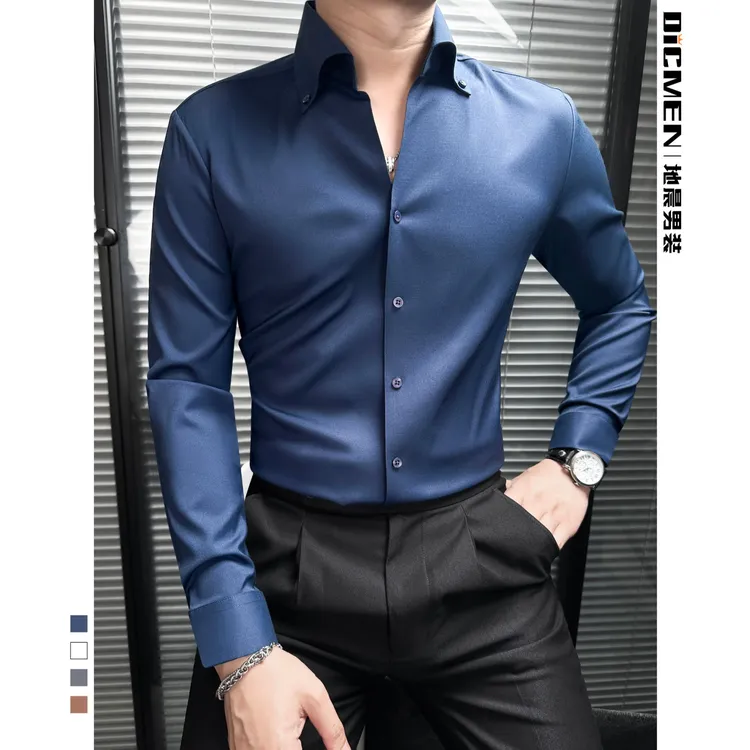 尖领衬衫长袖轻奢痞帅男装高级商务修身纯色男士硬汉痞帅衬衫衬衣