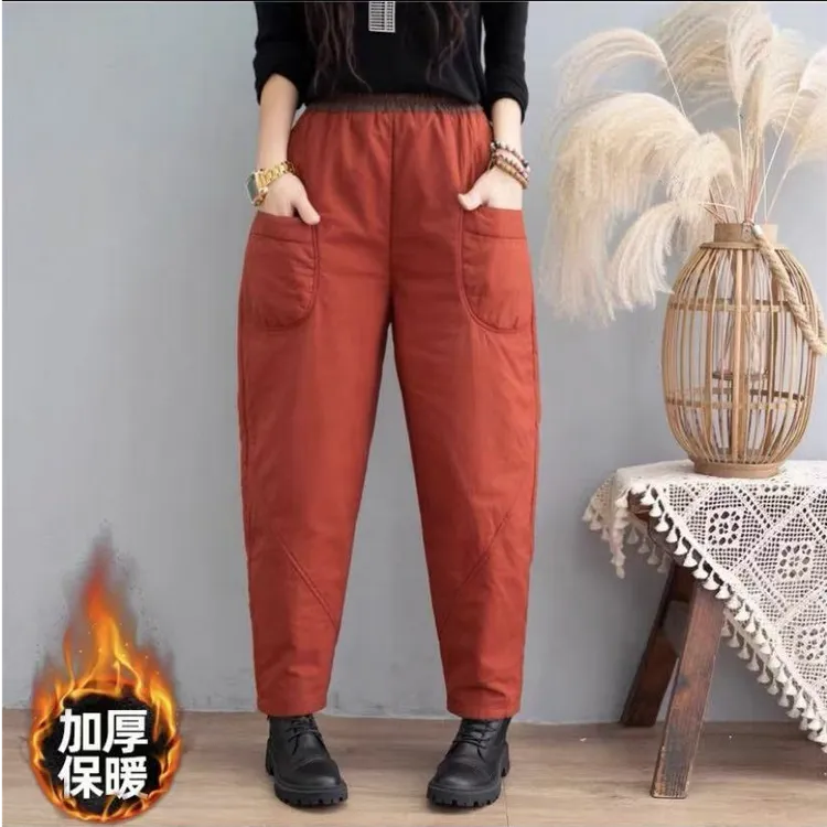 夹棉外穿棉裤女秋冬撞色高腰休闲哈伦裤宽松百搭减龄妈妈加棉长裤