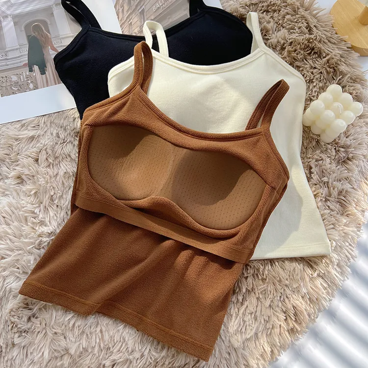 加绒加厚小吊带背心女秋冬内搭打底带胸垫内衣一体绒磨毛保暖上衣