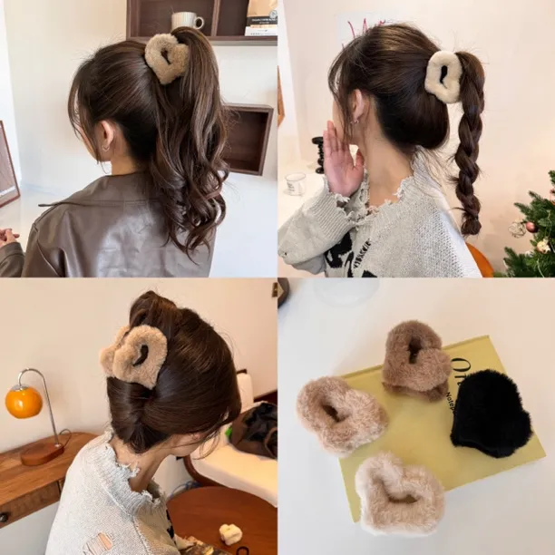 美拉德毛绒爱心发夹女后脑勺半扎发抓夹简约中号鲨鱼头饰