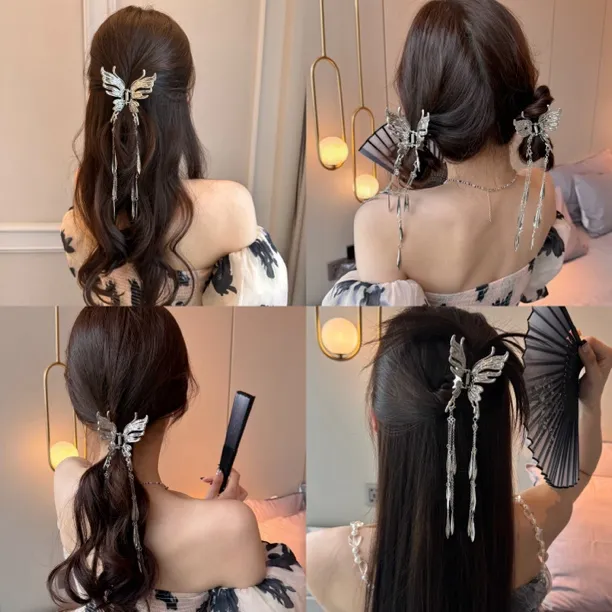 凤尾蝶！新中式蝴蝶金属流苏抓夹女古风气质后脑勺鲨鱼夹发饰品
