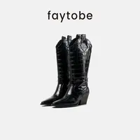 faytobe鳄鱼纹骑士靴秋冬尖头长筒靴英伦西部靴牛皮显瘦V口靴