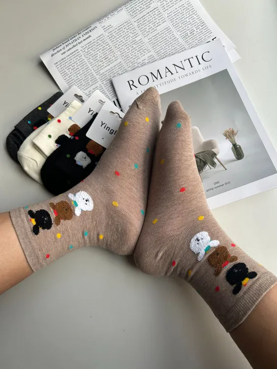 韩国东大门三只小熊植绒彩色波点中筒袜日系少女小动物卡通堆堆袜