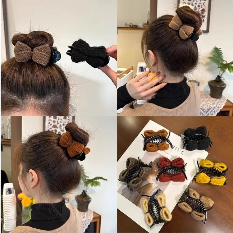 针织蝴蝶结丸子头抓夹女发夹子头饰秋冬2024新款盘发固定爪夹发卡