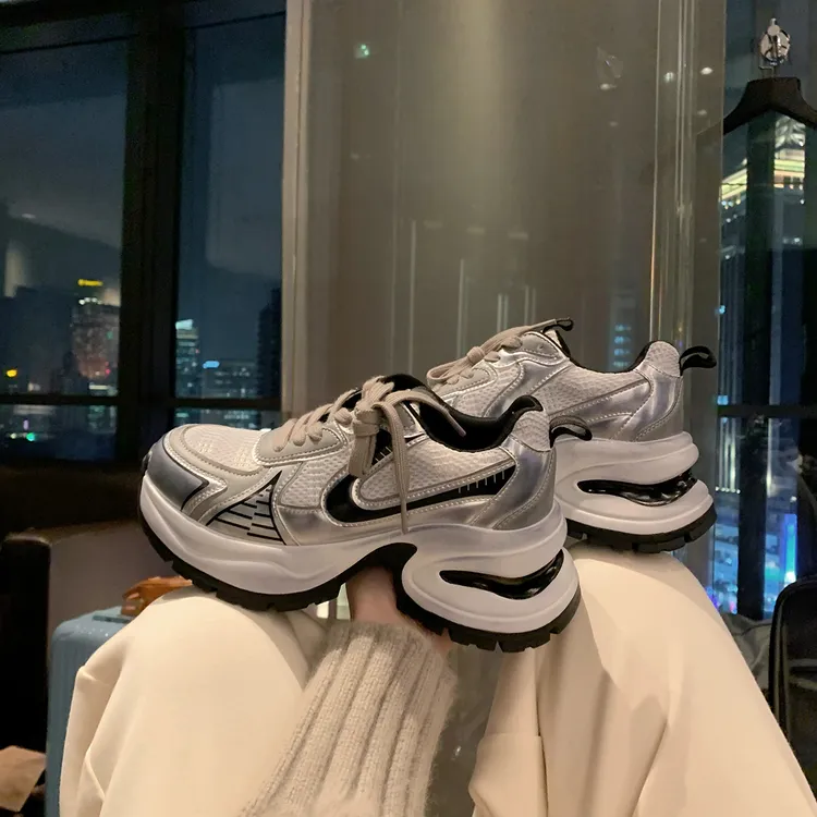 赵露思同款月落星河厚底银色老爹鞋女新款真皮加绒增高休闲运动鞋