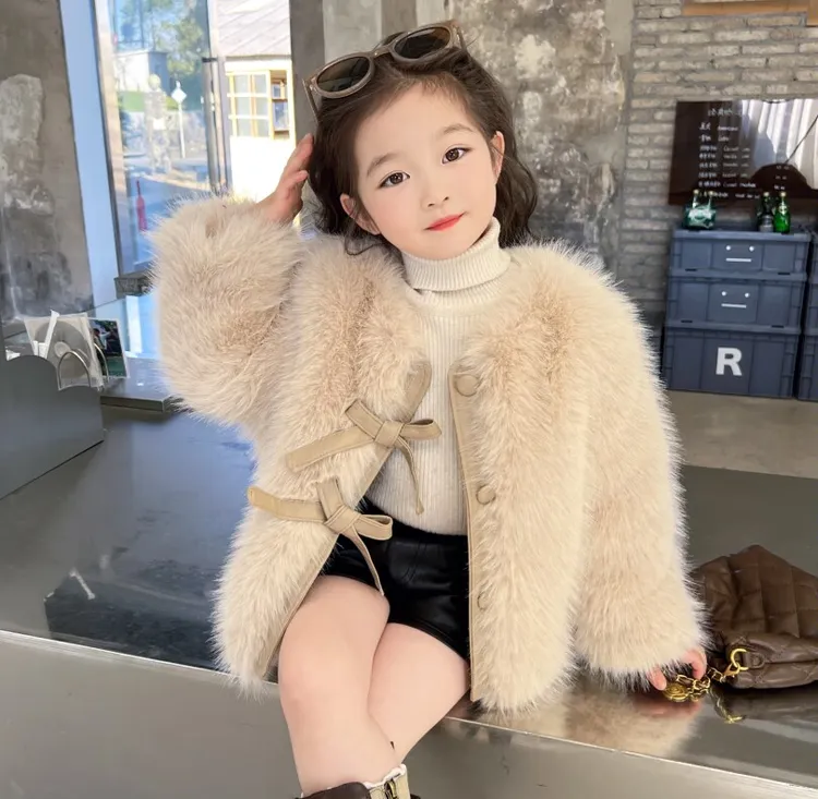 2025新款宝宝女童外套毛毛衣儿童蝴蝶结洋气毛绒上衣秋冬装加棉厚