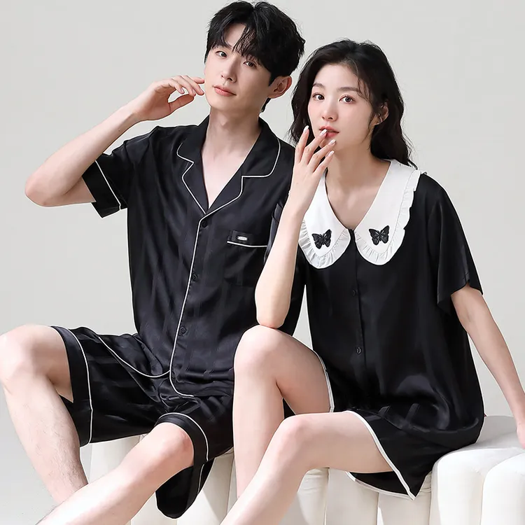 情侣睡衣夏季冰丝短袖睡裙女纯色简约高级感细腻男家居服套装夏天