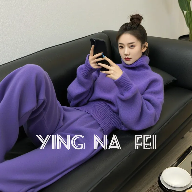 休闲套装女2024新款冬季韩系时尚慵懒风气质高领毛衣阔腿裤两件套