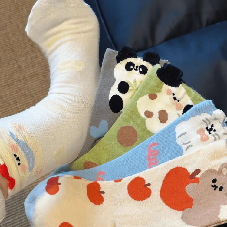 袜子女日系可爱熊猫小狗学院风ins潮百搭中筒袜立体卡通动物