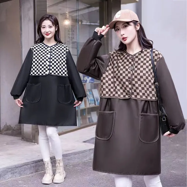 新款棋盘格防水防油长袖罩衣时尚爆款厨房网红围裙上班用的工作服
