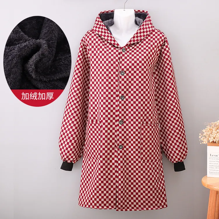 冬季加绒加厚棋盘格暖冬神器长袖罩衣防风防寒保暖围裙防污工作服