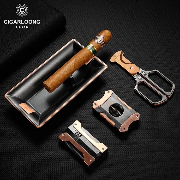 CIGARLOONG茄龙烟灰缸雪茄剪打火机套装V型剪直冲套装CL-tz252