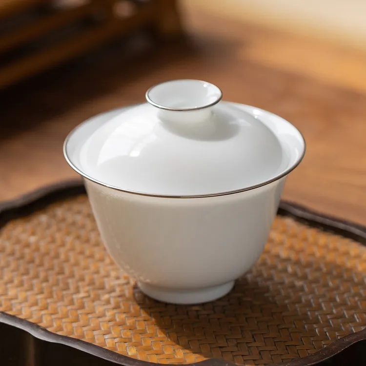 一思堂单人茶具简约景德镇纯白高档白瓷小清新风格描金边功夫盖碗