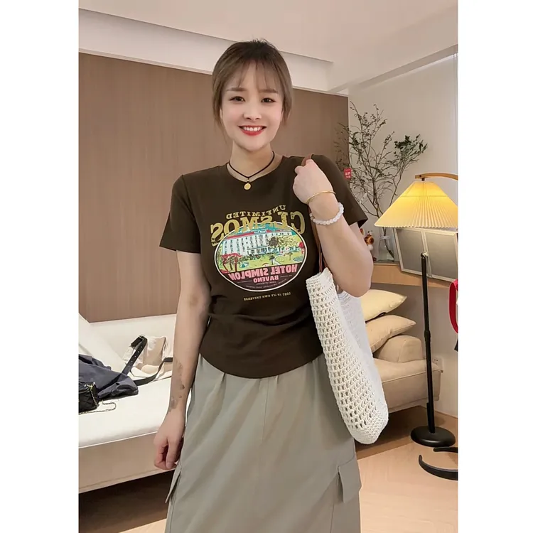 GTNER正肩显瘦印花T恤女短袖夏季百搭辣妹纯欲风短款上衣D1303