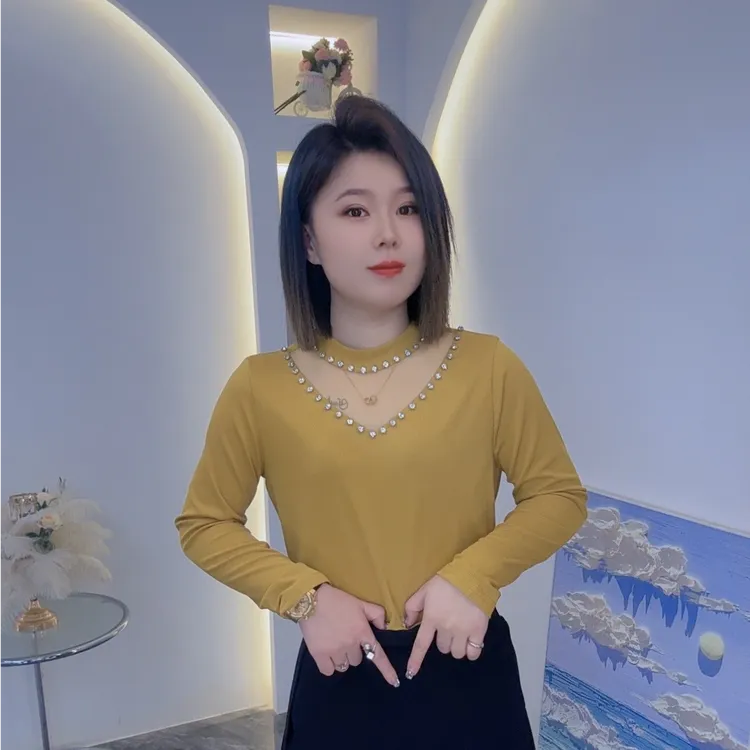 加厚8011冬季新款2025半高领内搭打底衫百搭洋气钉珠T恤网纱上衣