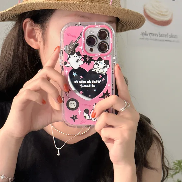 ins音乐猫咪镜面手机壳女适用iPhone15苹果VIVO华为荣耀OPPO小米