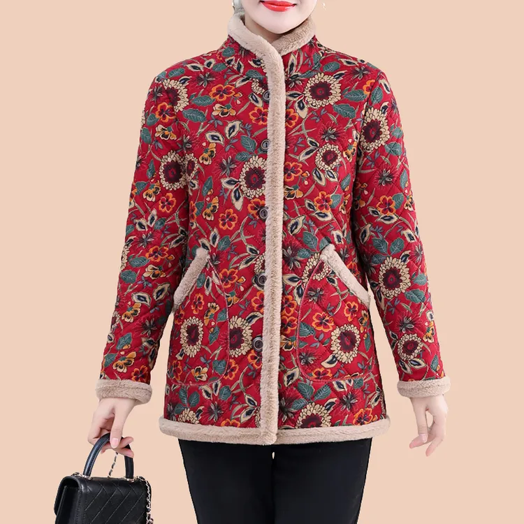 妈妈装冬季新款加绒加厚短款印花立领棉袄2024女士冬装保暖棉服