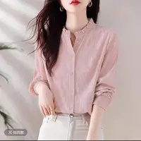 100%棉气质立领衬衫女士时尚衬衣秋冬新款显瘦长袖宽松洋气风衣