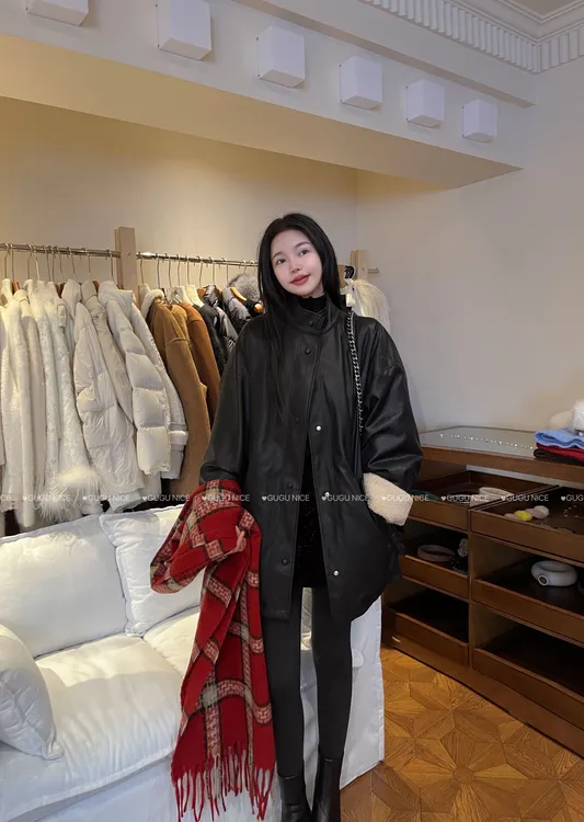 【古古】12.01新款内里夹羽绒皮毛拼接保暖百搭宽松休闲皮衣G24600