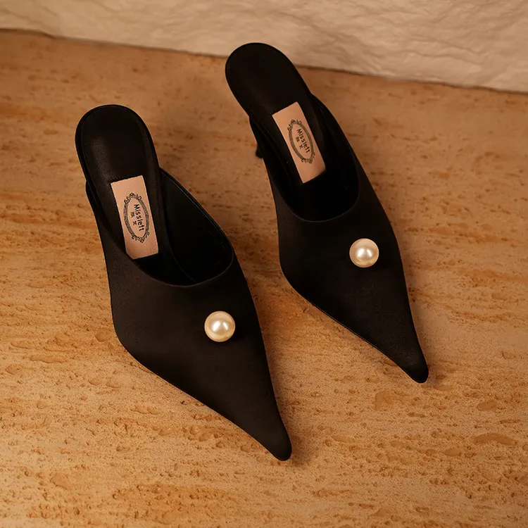 【芳华】独女2025年夏季新款珍珠包头高跟凉鞋气质尖头细跟凉拖鞋女
