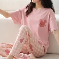 8037夏季女款带胸垫女士纯棉睡衣短袖长裤套装睡衣女套装家居服