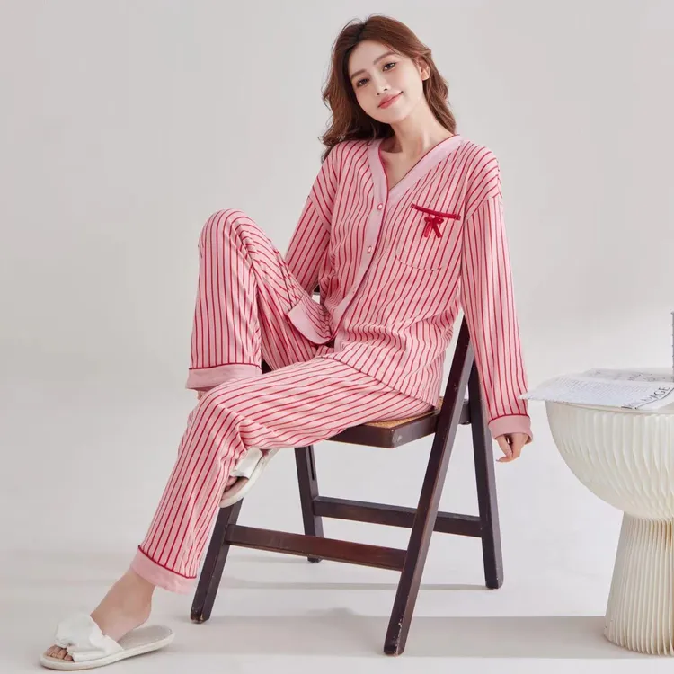 新款睡衣女春秋季棉宽松长袖开衫V领条纹高档家居服轻奢秋冬款