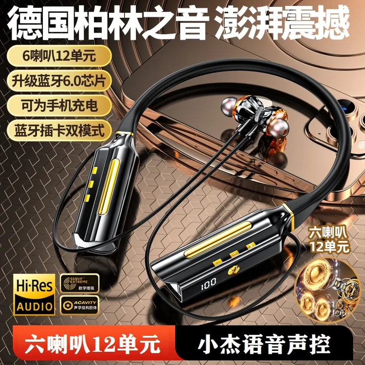 2025款无线蓝牙耳机六喇叭双电超长续航插卡运功降噪挂脖安卓通用