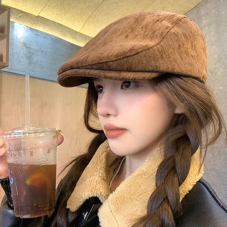 洋气前进帽女秋冬季方圆脸贝雷帽大头围显脸小报童帽反戴鸭舌帽子