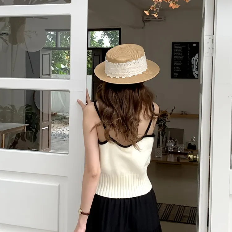 发财宅女同款帽子平顶礼帽海边度假遮阳防晒帽蕾丝法式编织草帽夏