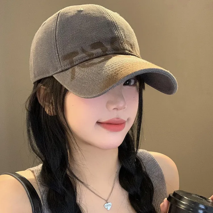 水洗做旧字母棒球帽女美式复古大头围鸭舌帽显脸小宽帽檐软顶帽子
